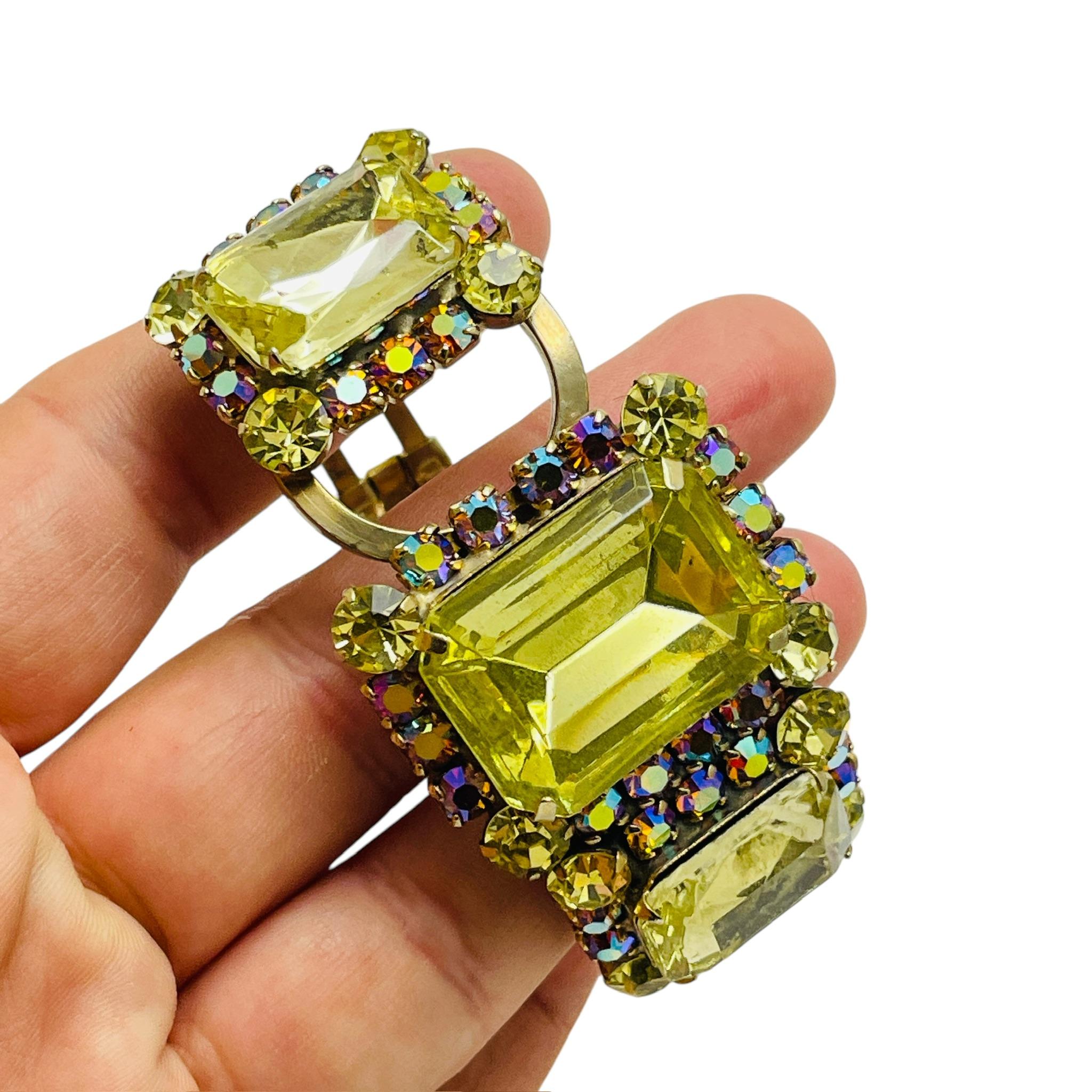 Women's Vintage gold tone glass stones designer clamper bracelet For Sale