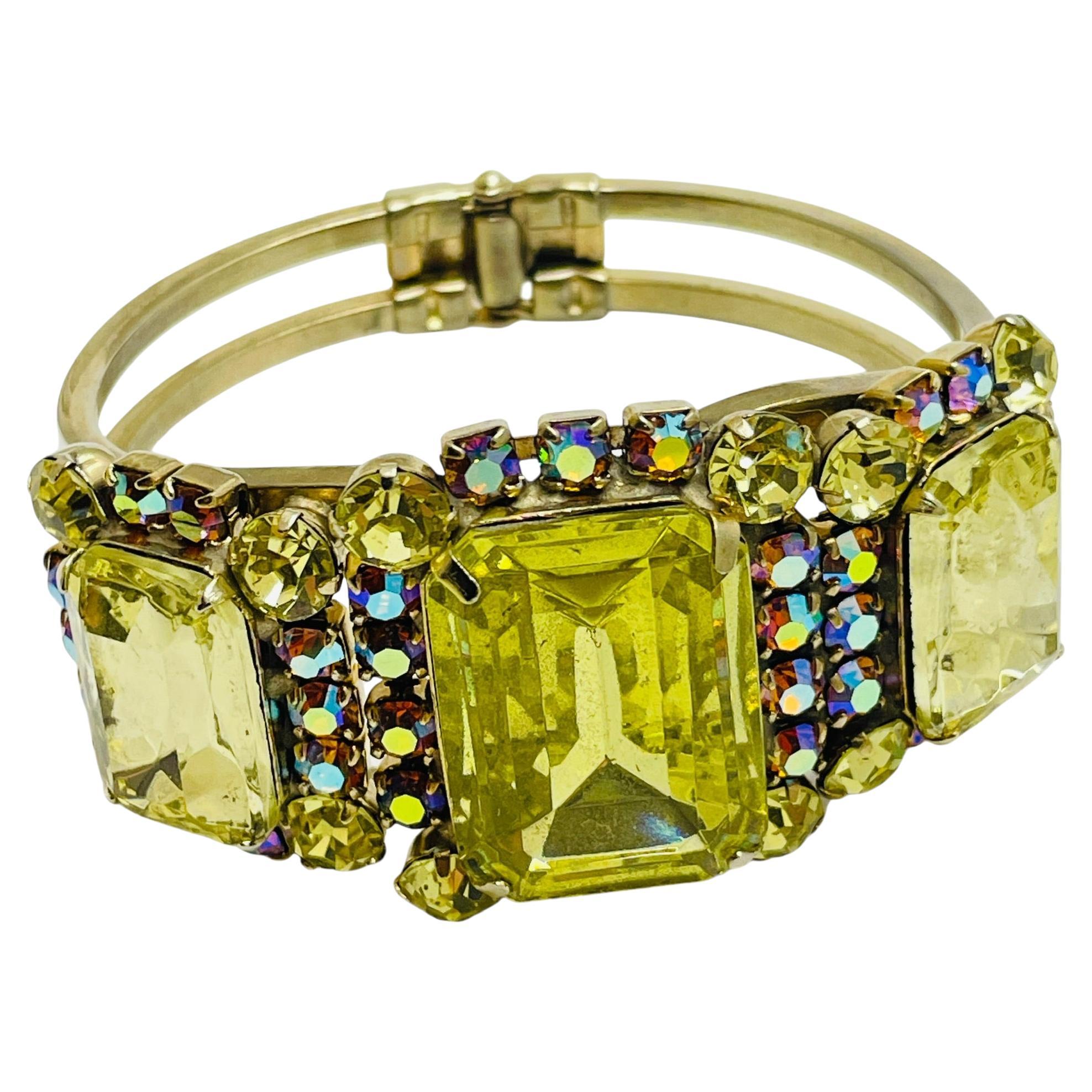 Vintage gold tone glass stones designer clamper bracelet For Sale