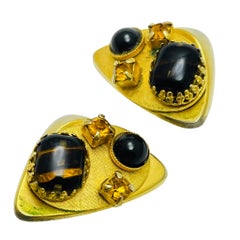 Vintage gold tone glass stones designer clip on earrings