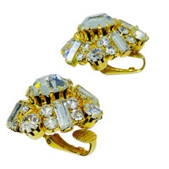 Vintage gold tone glass stones designer clip on earrings