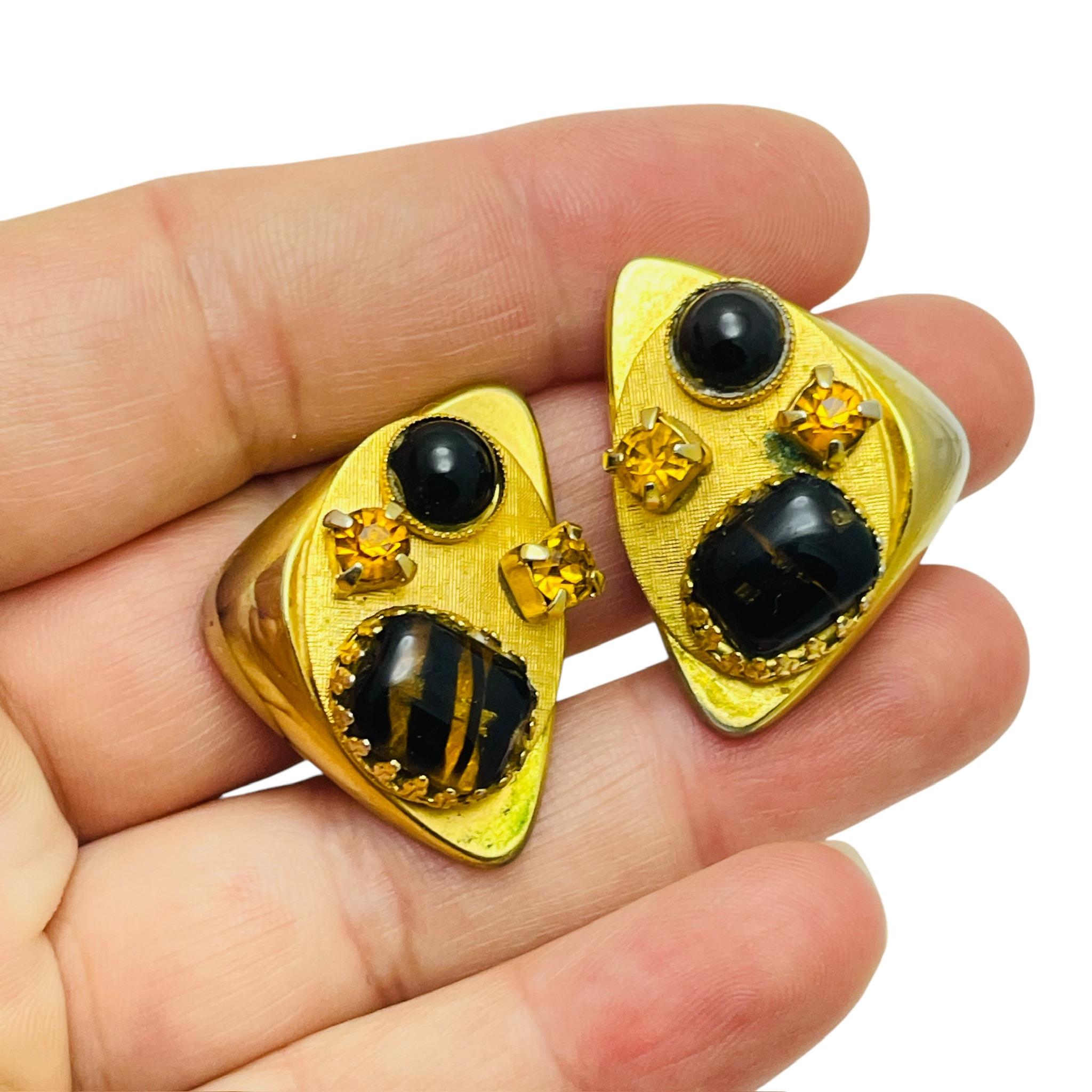 De las mujeres Pendientes de clip de diseño vintage con piedras de cristal en tono dorado en venta