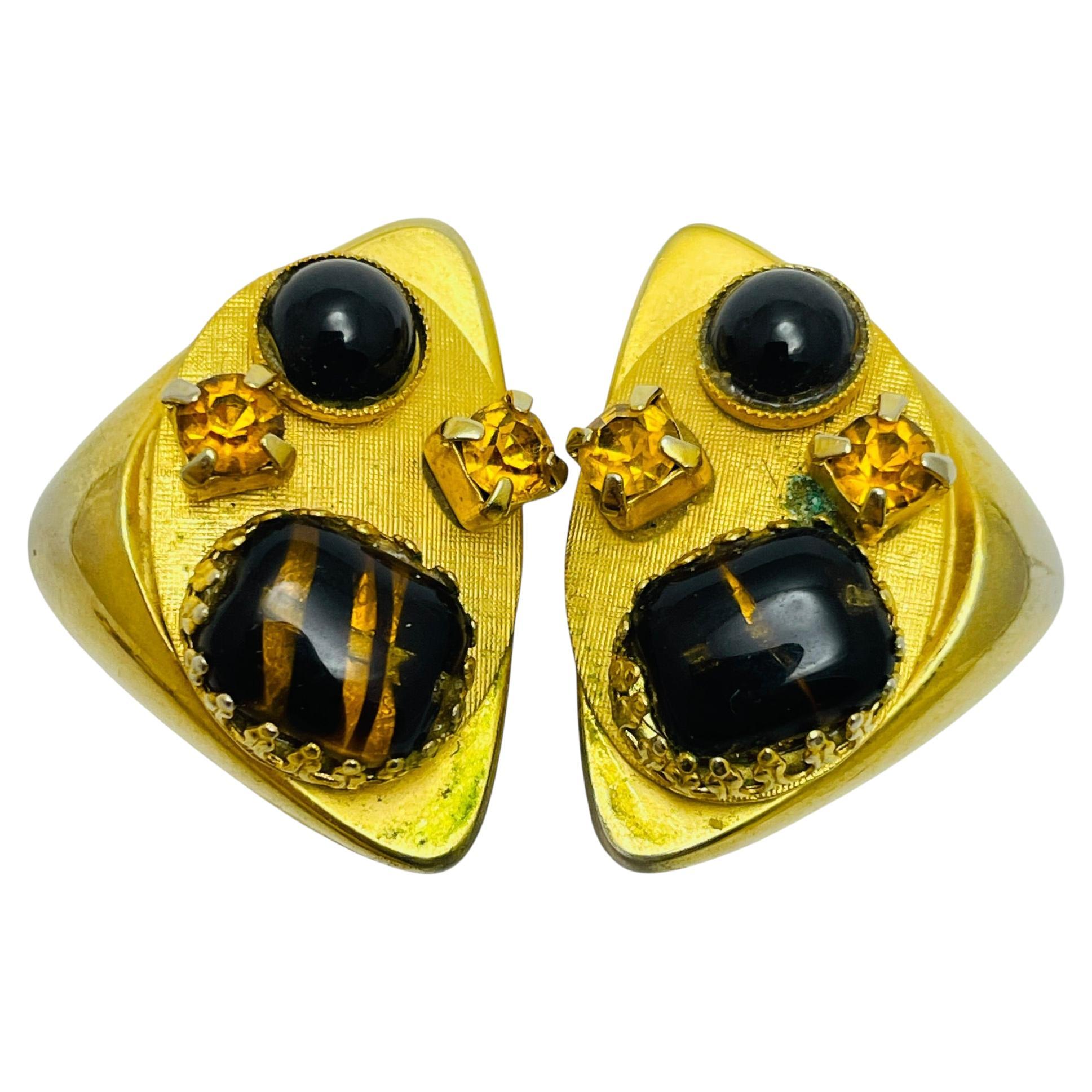 Boucles d'oreilles à clip vintage avec pierres en verre et tonalité dorée