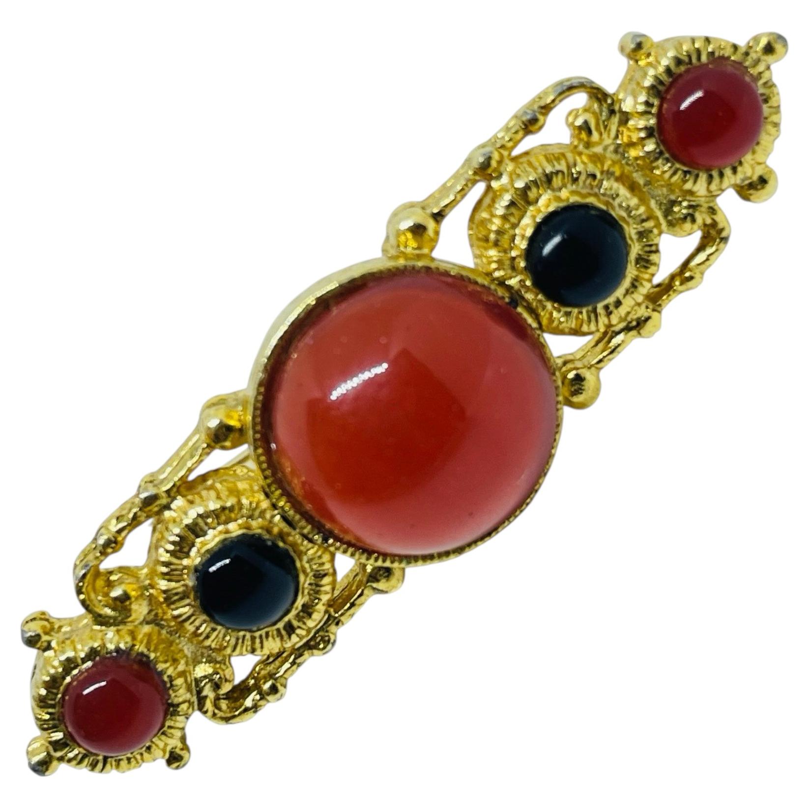 Vintage gold tone glass stones Etruscan style designer brooch