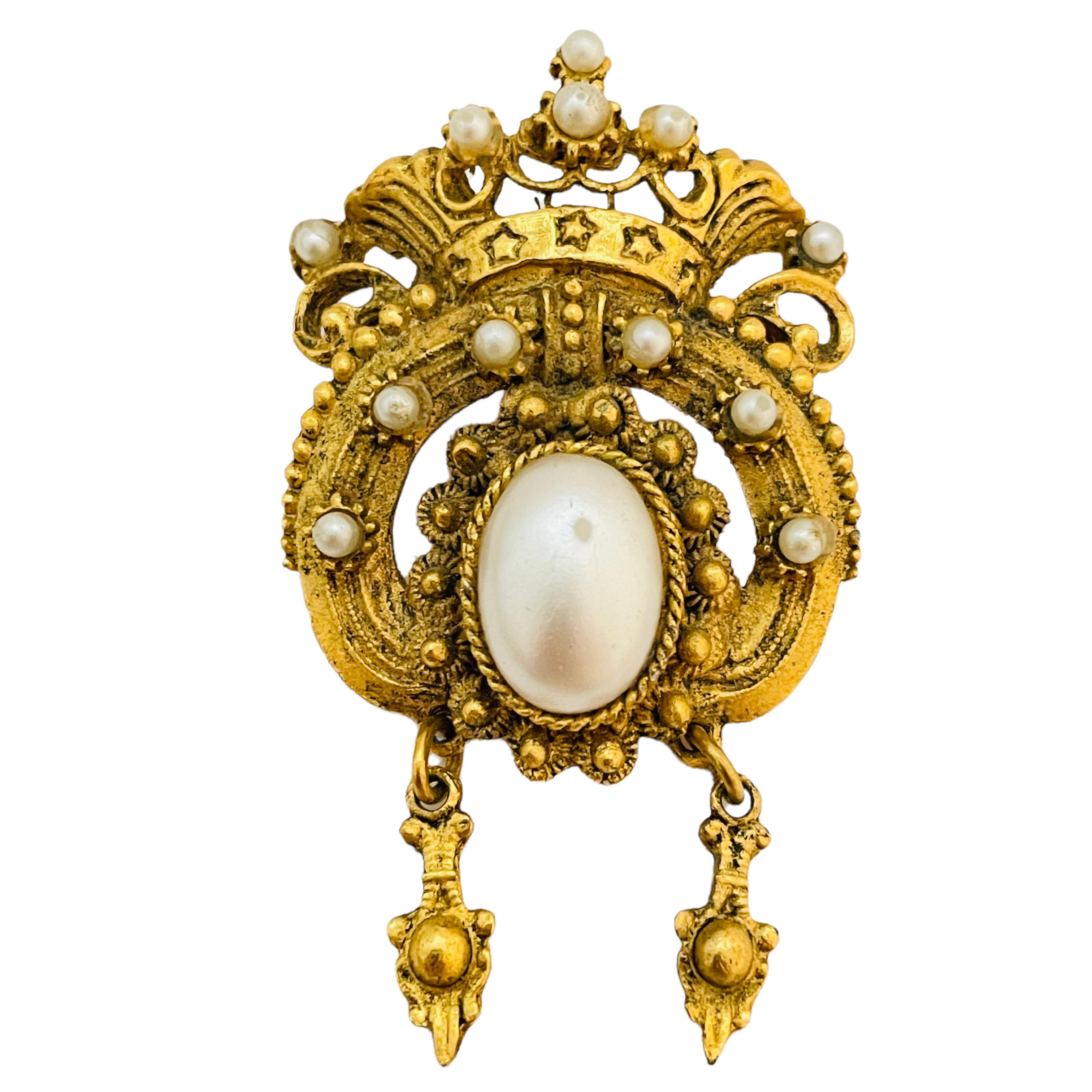 Vintage gold tone glass tones pearl dangle designer brooch