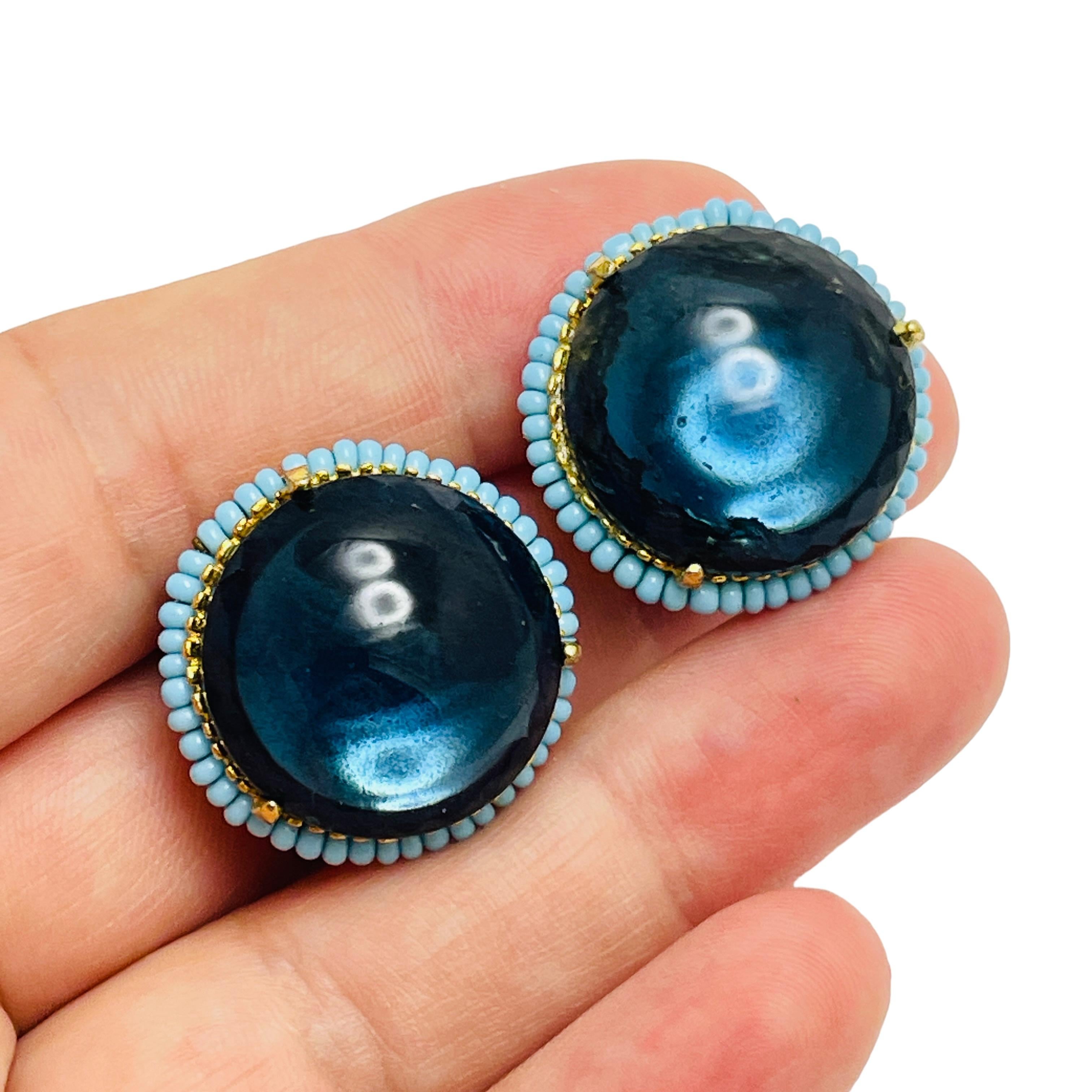 Women's Vintage gold tone glass turquoise designer clip on earrings For Sale