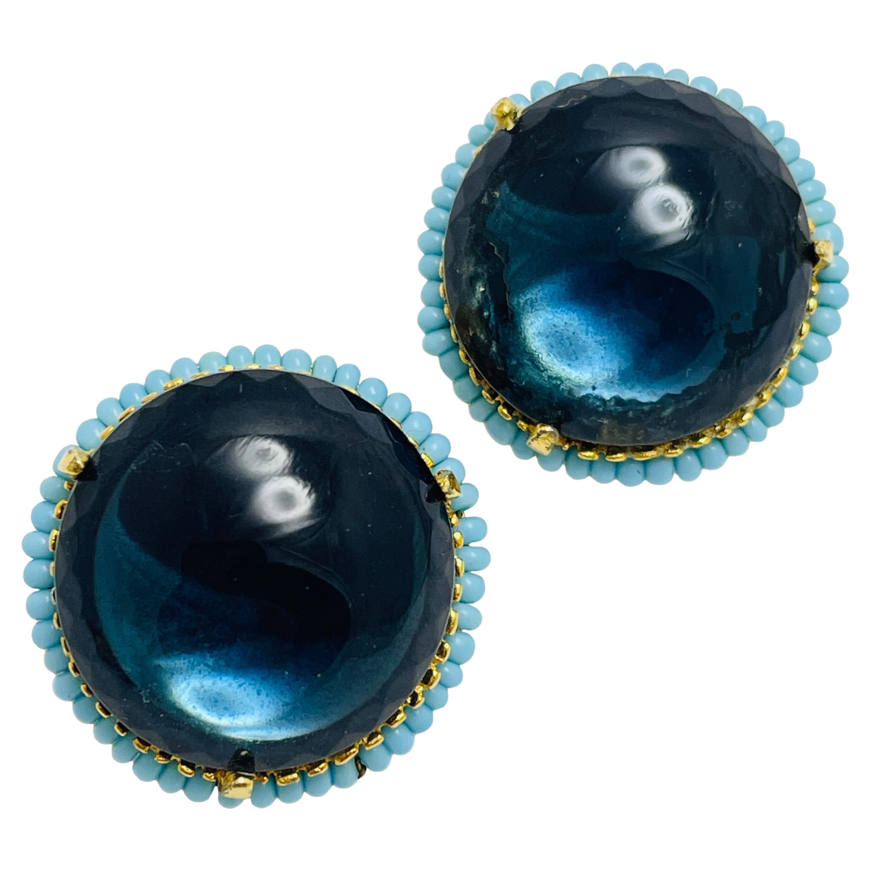 Orecchini a clip di design in vetro turchese d'epoca con tonalità dorata