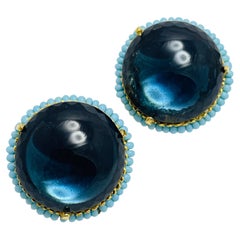 Vintage gold tone glass turquoise designer clip on earrings