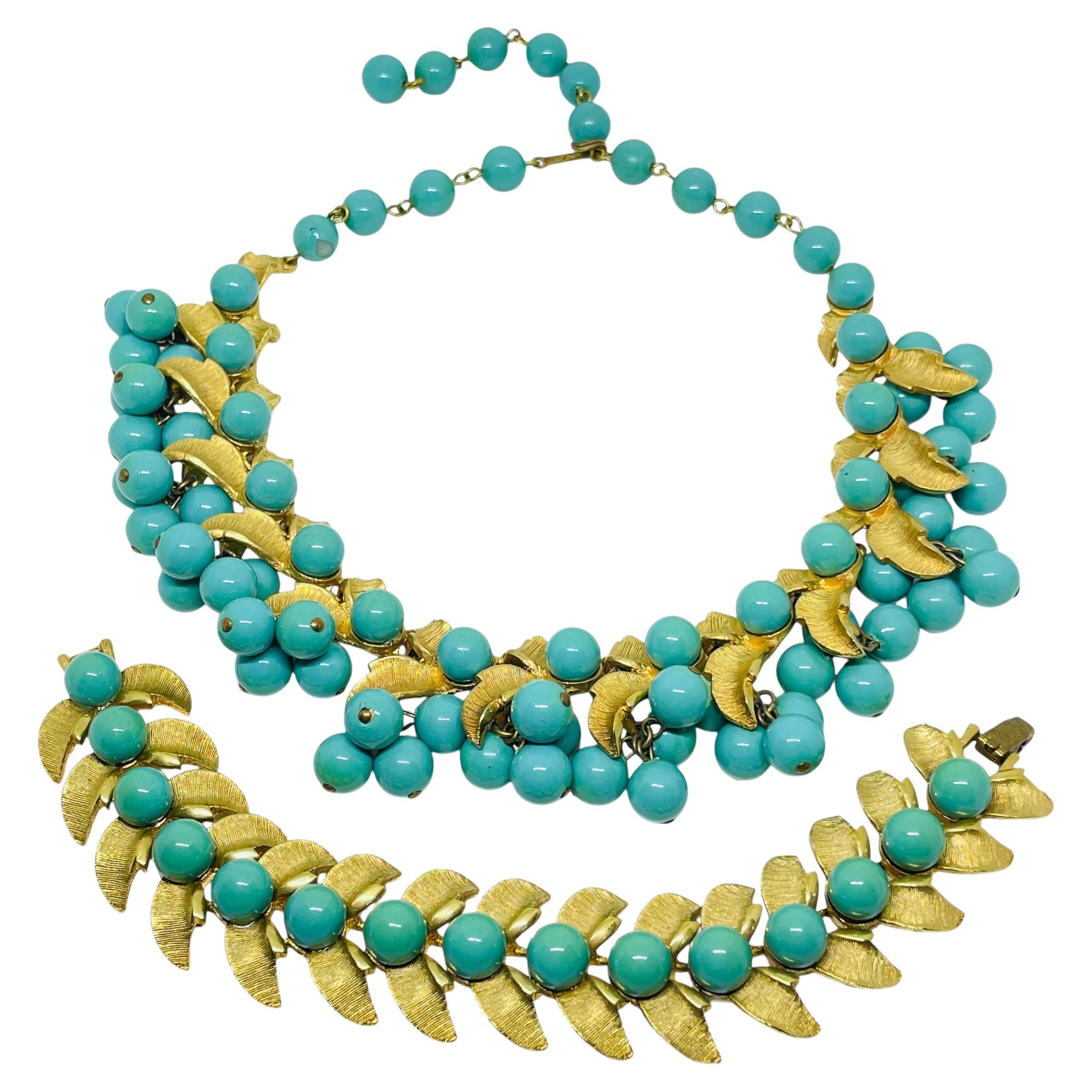 Vintage gold tone glass turquoise grapes leafs designer necklace bracelet set