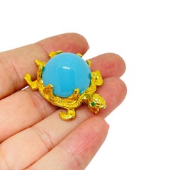 Vintage gold tone glass turquoise rhinestone eyes turtle figural designer brooch