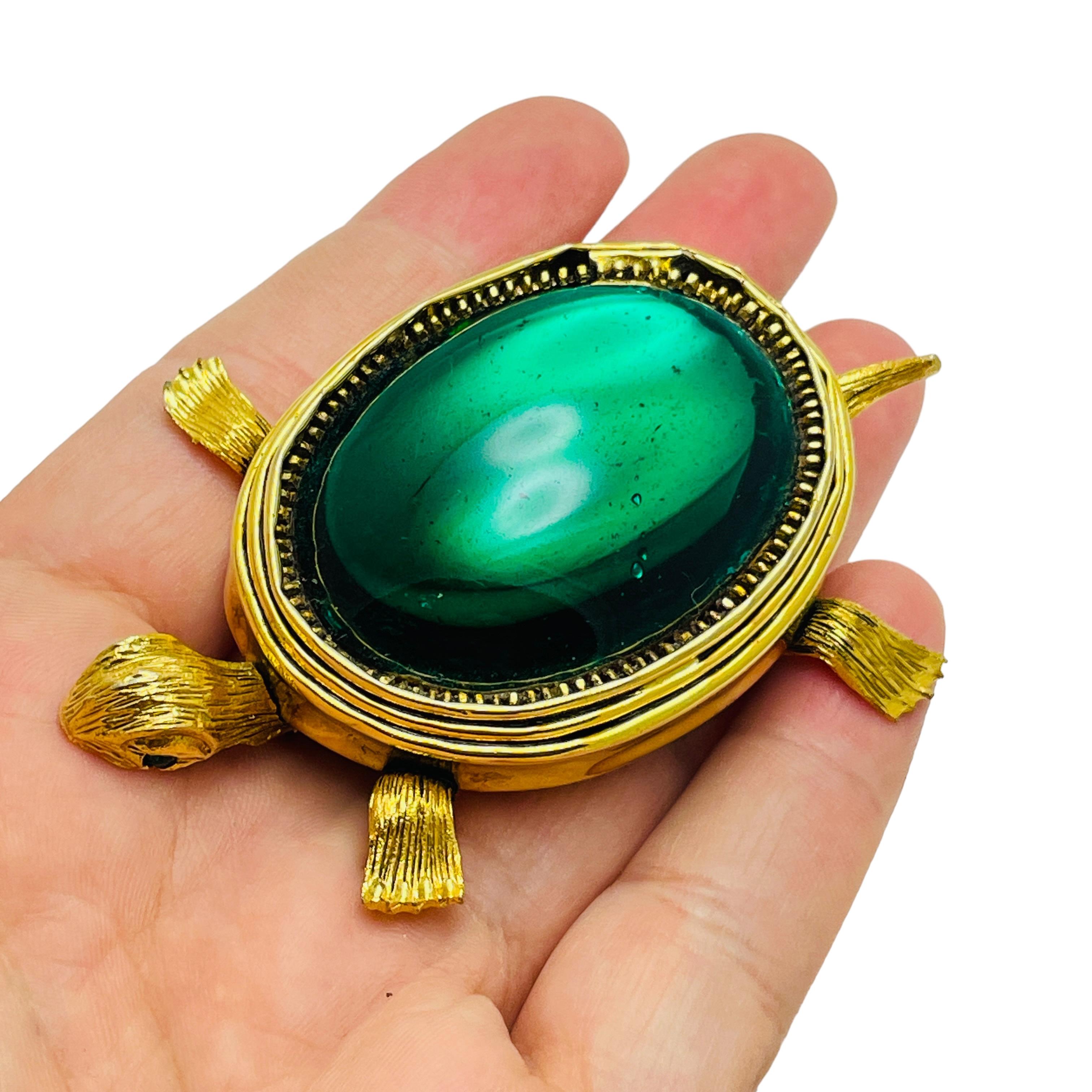 Women's Vintage gold tone glass turtle designer brooch For Sale