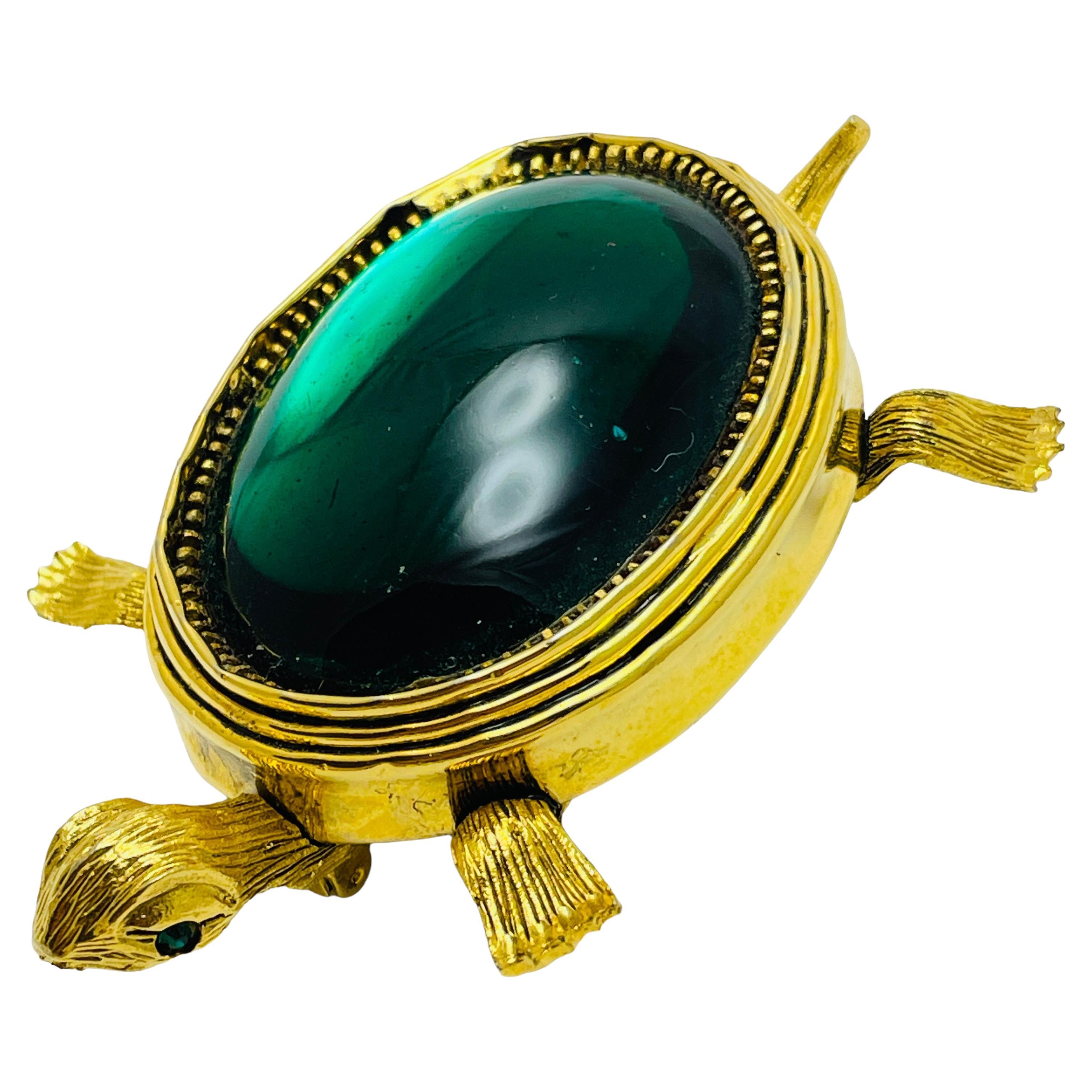 Vintage gold tone glass turtle designer brooch For Sale
