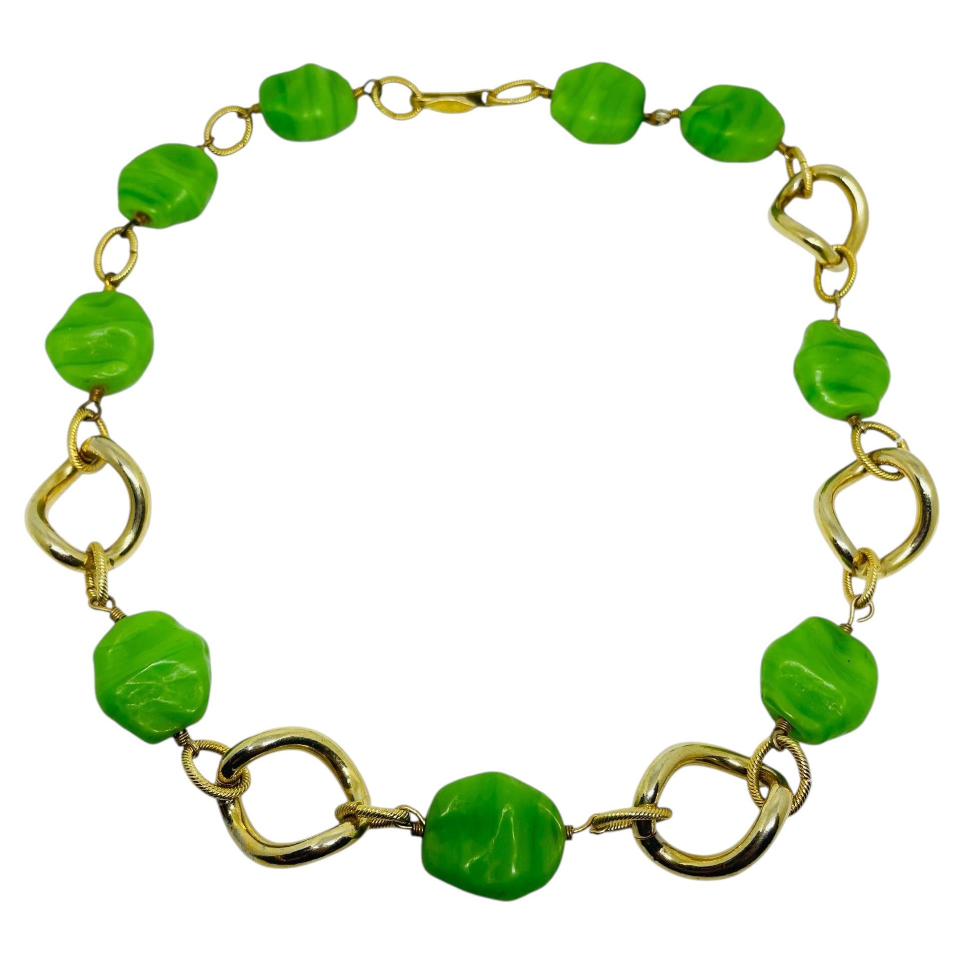 Vintage gold tone green art glass beaded designer necklace For Sale