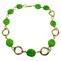 Vintage gold tone green art glass beaded designer necklace
