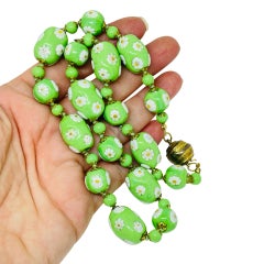 Vintage gold tone green art glass beads with flowers designer necklace