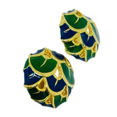 Vintage gold tone green blue enamel clip on earrings