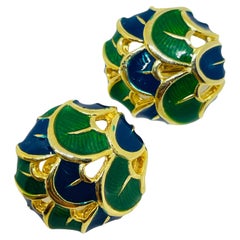 Boucles d'oreilles à clip vintage en émail bleu vert et ton or