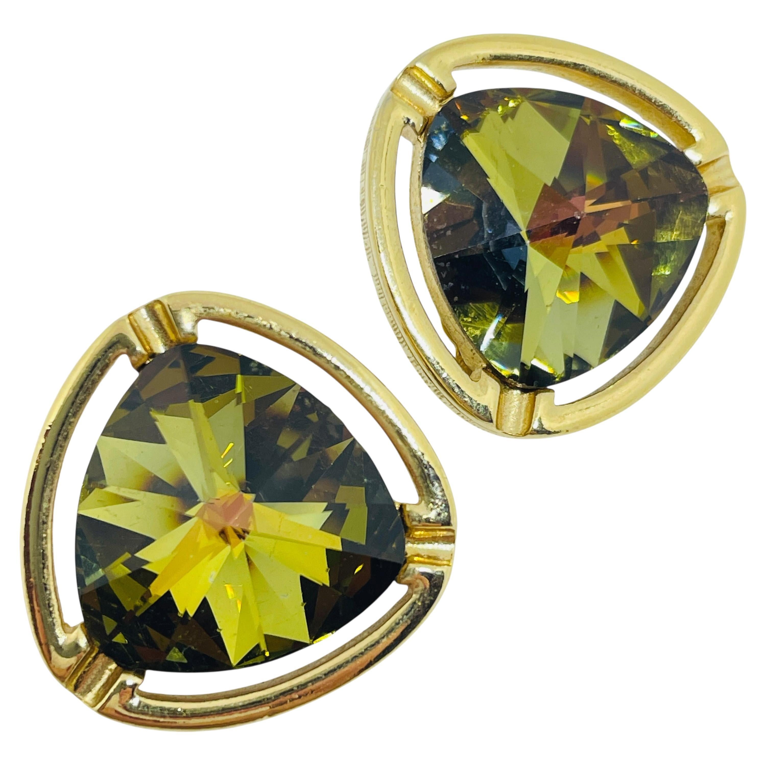 Boucles d
oreilles à clip vintage en cristal vert et doré des années 80