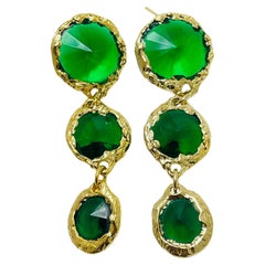 Vintage gold tone green dangle glass designer dangle pierced earrings