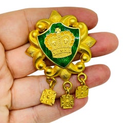 Vintage gold tone green enamel crown dangle designer brooch