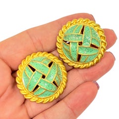 Vintage gold tone green enamel designer clip on earrings