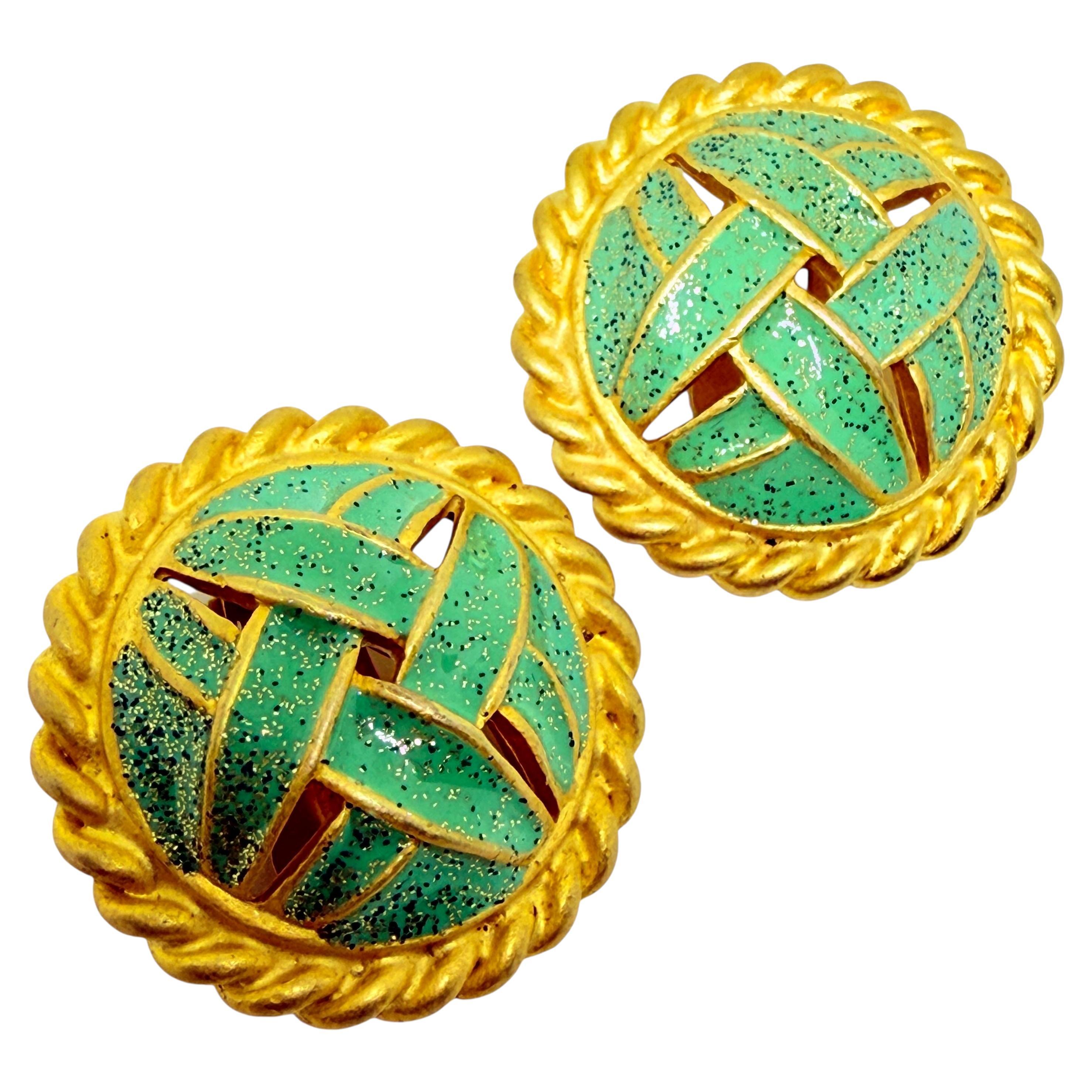 Vintage gold tone green enamel designer clip on earrings