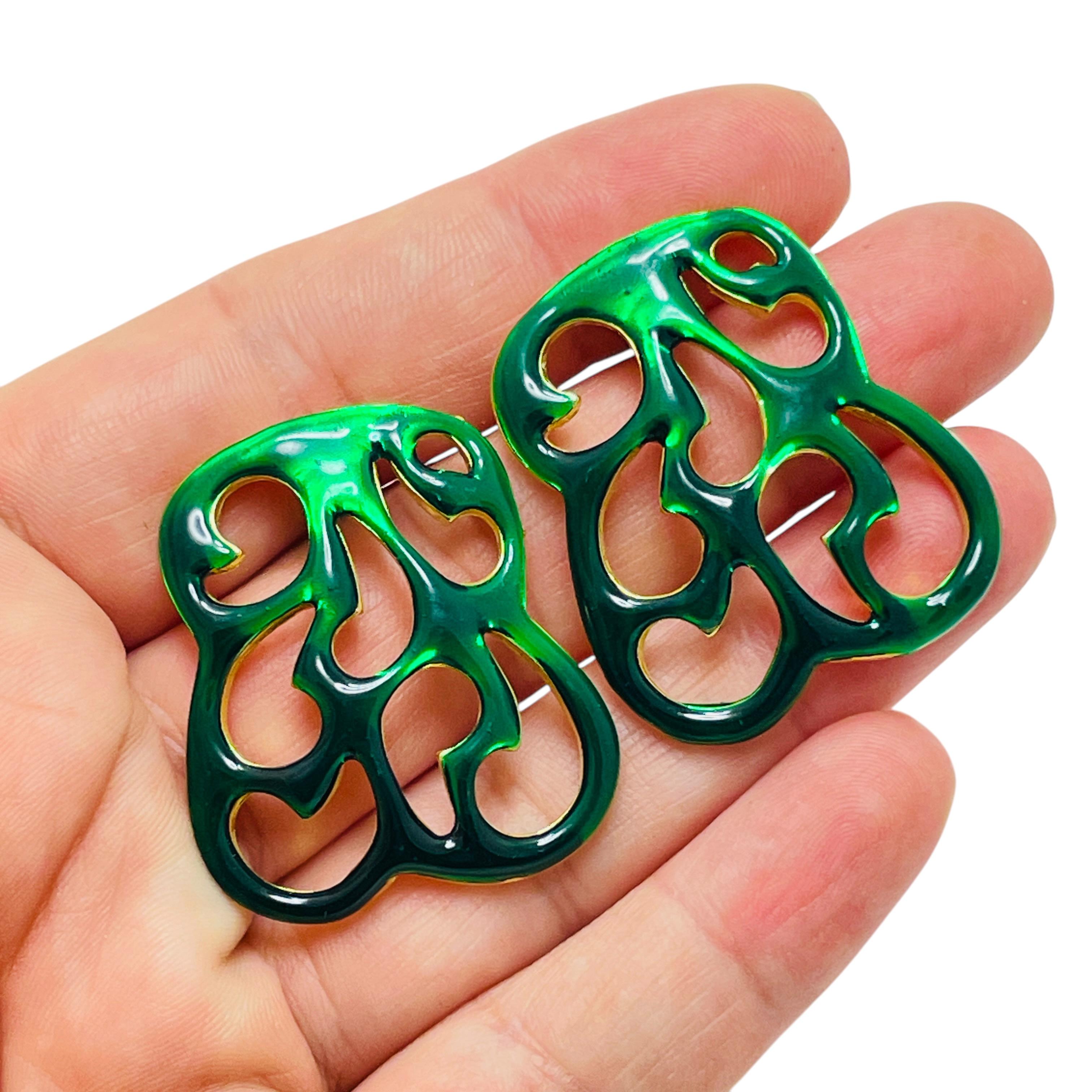 Women's Vintage gold tone green enamel designer runway earrings For Sale