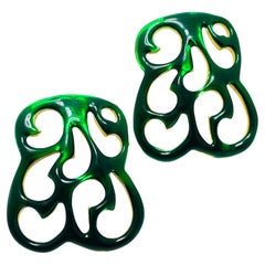 Vintage gold tone green enamel designer runway earrings