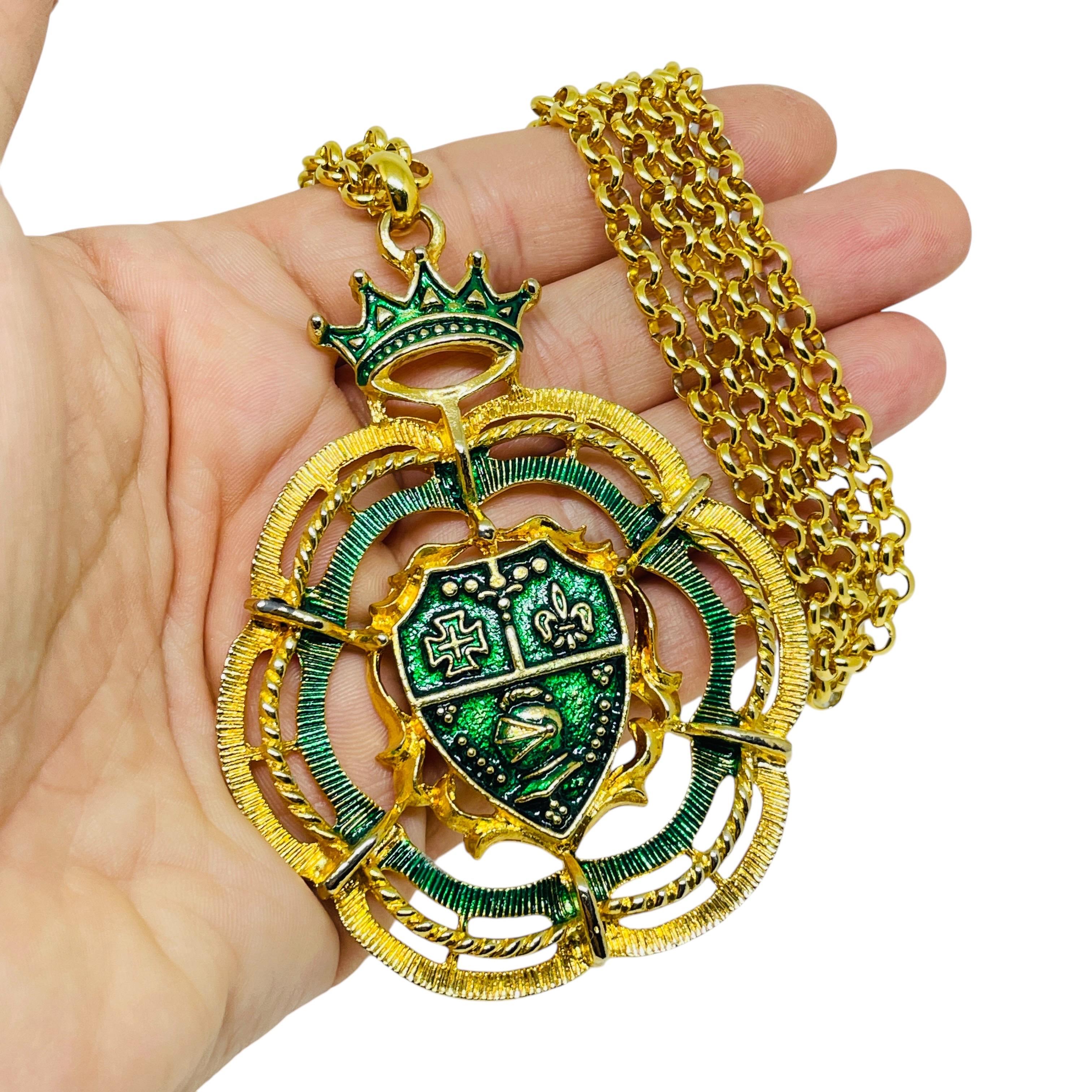 Women's Vintage gold tone green enamel long chain designer necklace For Sale