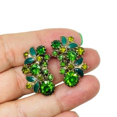 Vintage gold tone green enamel rhinestones designer clip on earrings