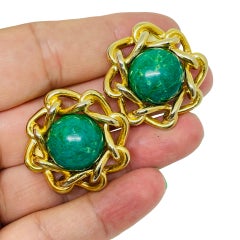 Vintage gold tone green glass cabochon designer clip on earrings