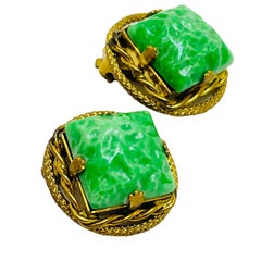 Vintage gold tone green glass jade designer clip on earrings