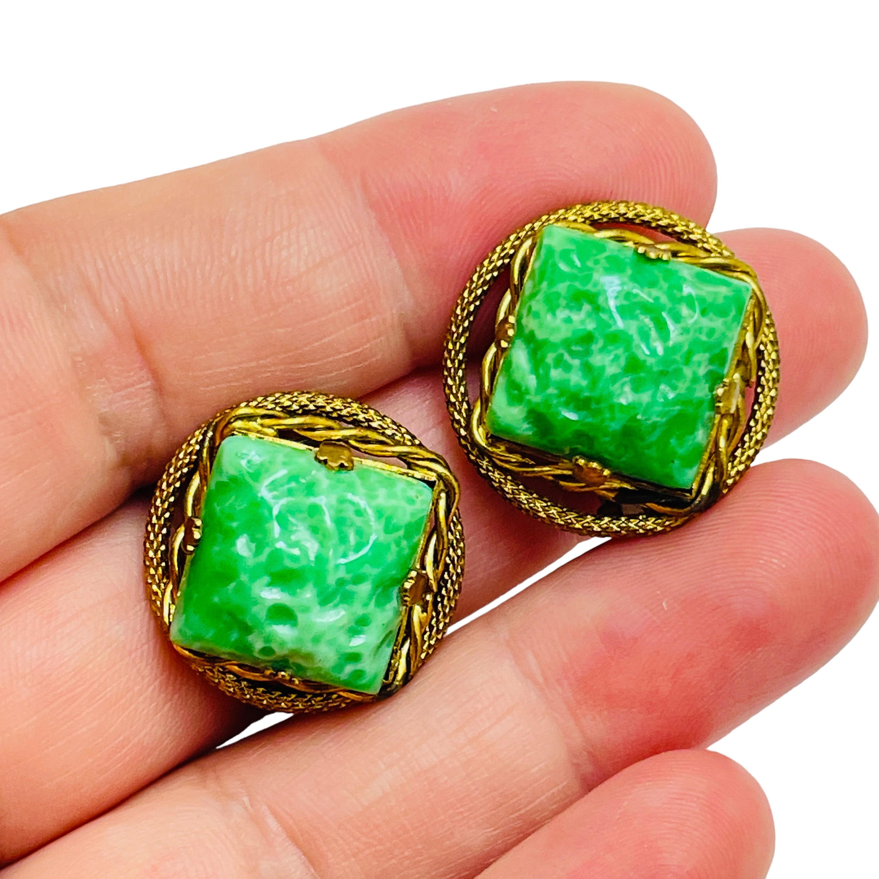 Women's Vintage gold tone green glass jade designer clip on earrings For Sale