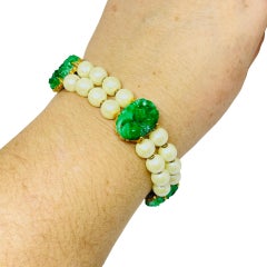 Vintage Goldton grün Glas Jade Perlen Designer-Armband