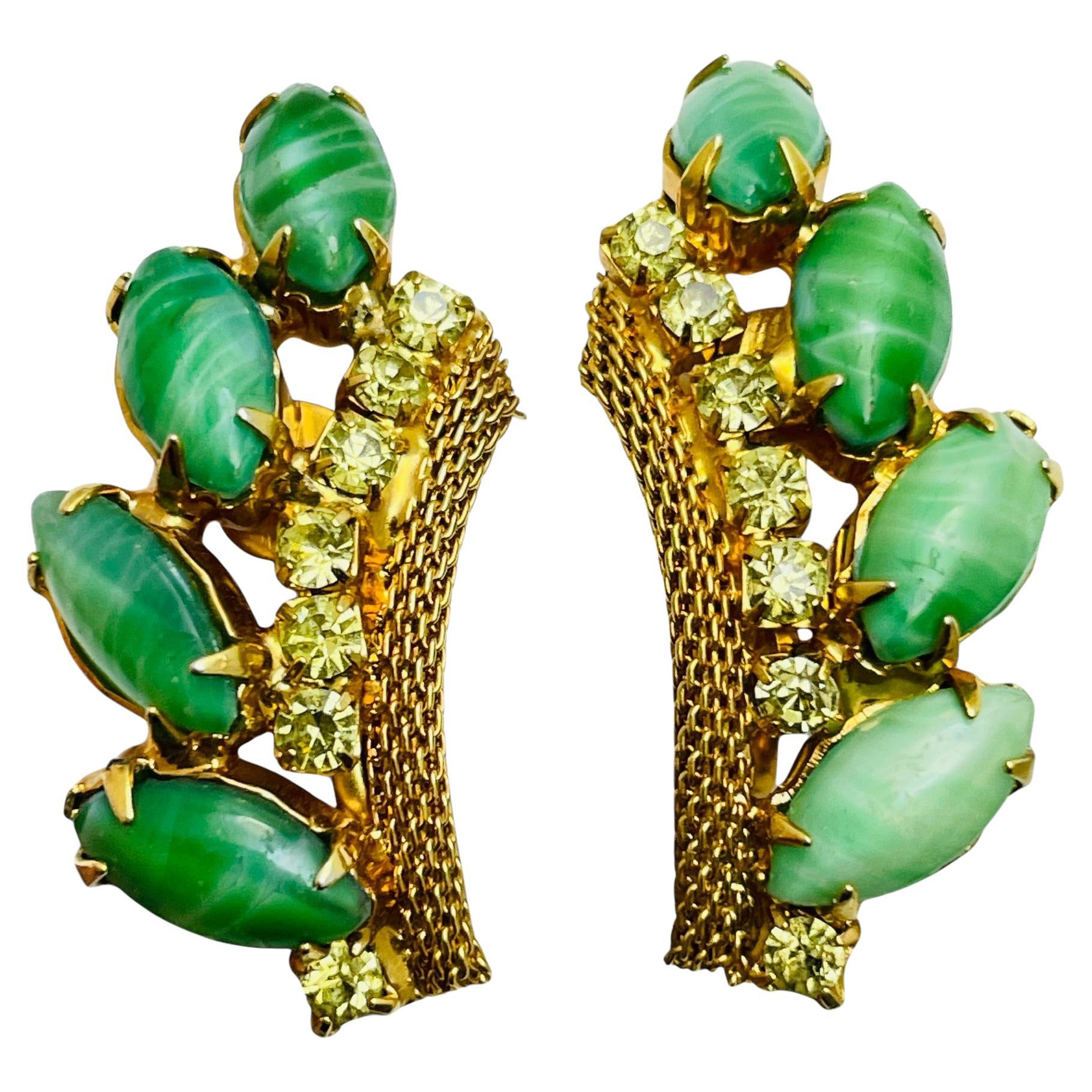 Boucles d'oreilles à clip vintage avec strass en verre vert et ton or