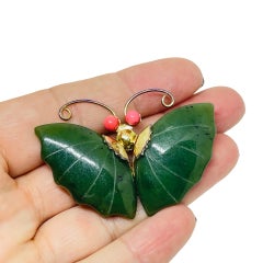 Vintage gold tone green jade pink coral stone butterfly designer brooch