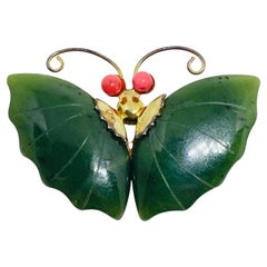 Vintage gold tone green jade pink coral stone butterfly designer brooch
