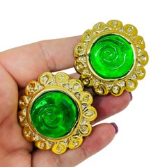 Vintage gold tone green resin designer 80's clip on earrings