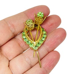 Vintage gold tone green rhinestone flower designer brooch