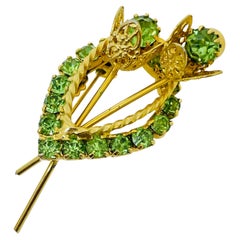 Vintage gold tone green rhinestone flower designer brooch