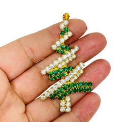Vintage gold tone green rhinestones Christmas Tree designer brooch