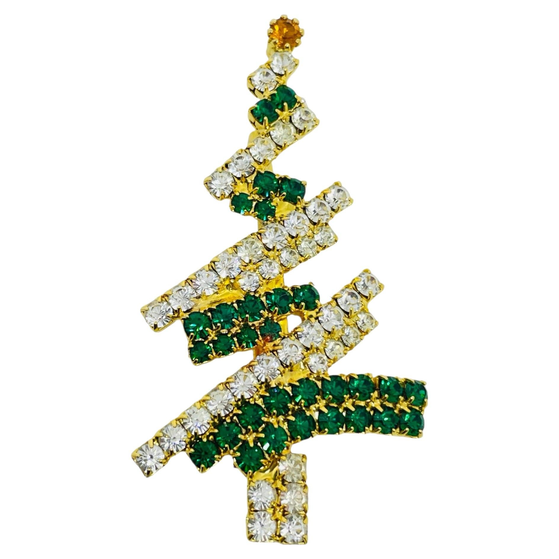 Vintage gold tone green rhinestones Christmas Tree designer brooch