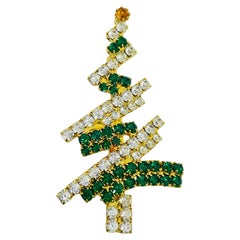 Vintage gold tone green rhinestones Christmas Tree designer brooch