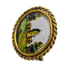 Vintage gold tone hand painted unique brooch