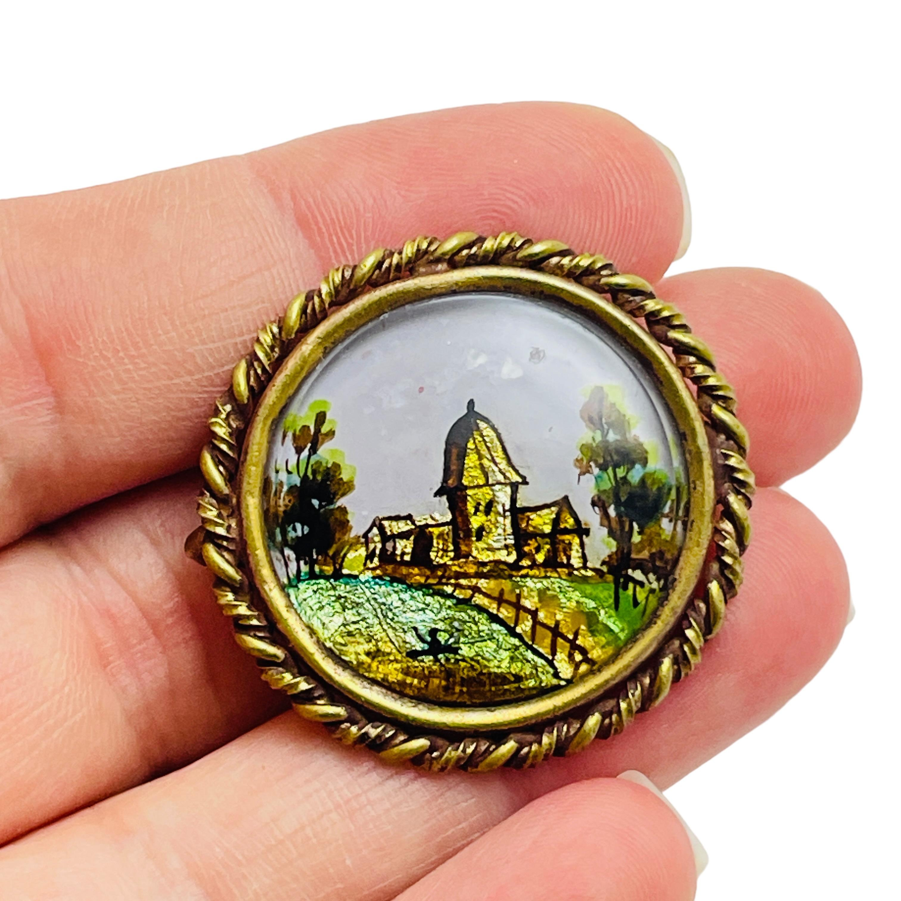 Women's Vintage gold tone hand painted unique brooch For Sale