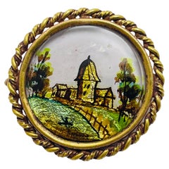 Vintage gold tone hand painted unique brooch