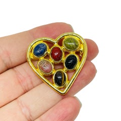 Vintage gold tone heart colorful gemstones scarabs designer brooch