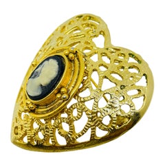 Vintage gold tone heart faux cameo large designer brooch