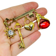 Vintage gold tone heart lock key star red resin dangle charms designer brooch