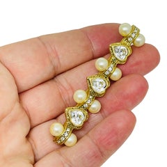Vintage gold tone heart rhinestone pearls designer bar brooch