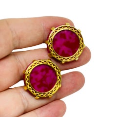 Vintage gold tone hot pink marbled glass massive designer cufflinks